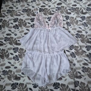 Chic White and Pink Lace Chemise Set